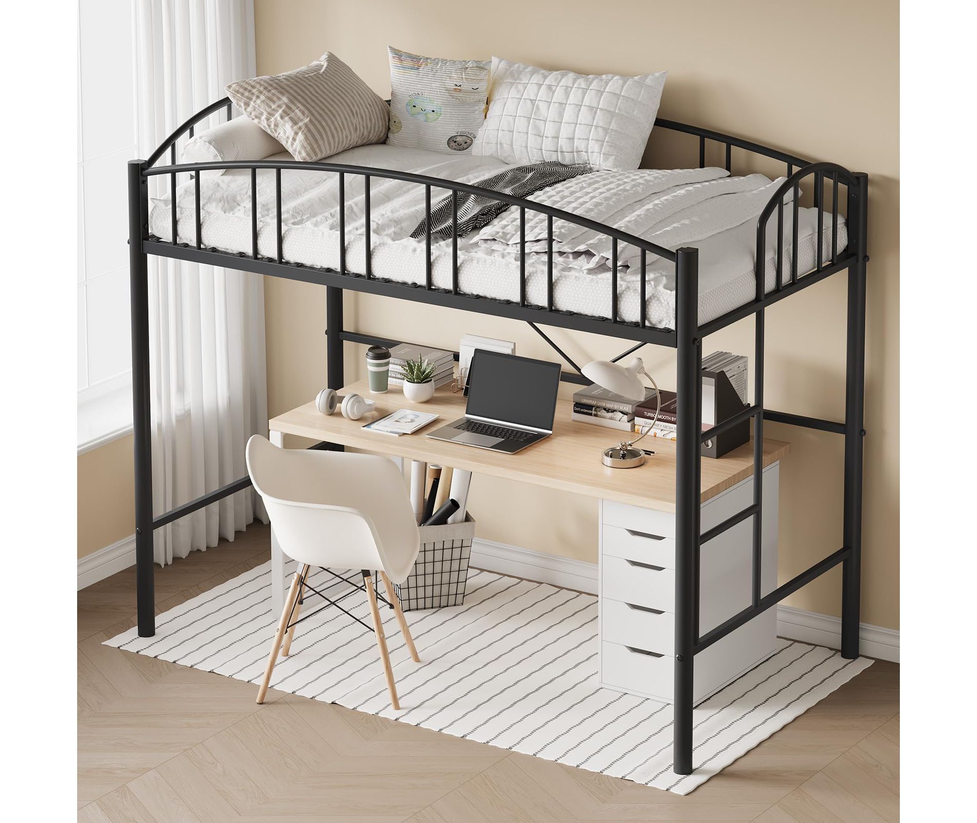 Loft Bed Twin Size, Heavy Duty Metal Loft Bed Frame with Arched Guardrail and Safety Ladder, Space-Saving, No Box Spring Needed, Black