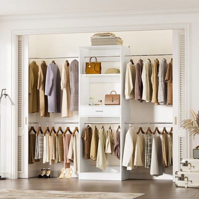 Aheaplus 8 FT Closet Organizer with Extendable Hanging Rod, Wood Closet System with Drawer