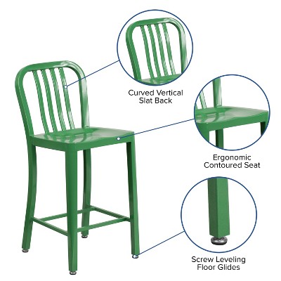 Green Metal 24" Counter Height Stool with Slat Back