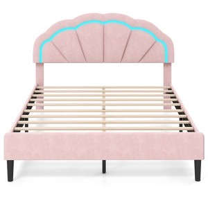 Infans Queen Size Upholstered LED Bed Frame Soft Velvet Platform Bed w/Flower Headboard - 1 of 4