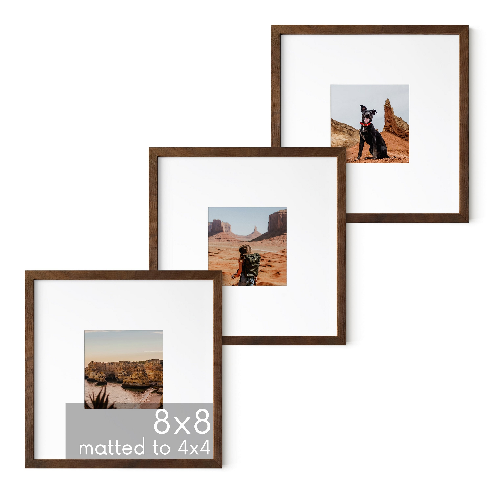 Haus and Hues Set of 3 Picture Frame with Plexiglass Cover, Walnut Oak, 8x8