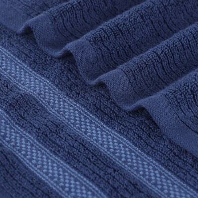 Navy Blue Cotton Ribbed Geometric Border Bath Towel Set of 3