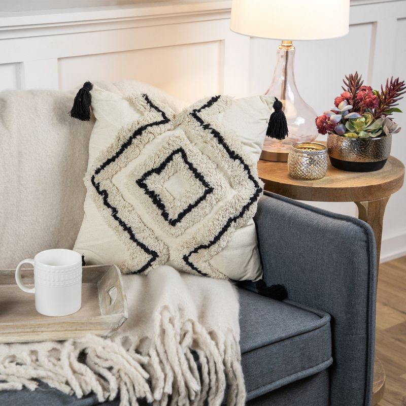 Northlight 15" Beige and Black Boho Cotton Square Throw Pillow with Tassels, 2 of 7