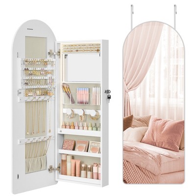 SONGMICS Wide Jewelry Organizer, LED Jewelry Cabinet Wall/Door Mounted, Arched Mirror with Storage, Lockable, Rounded Corner, Interior Mirror