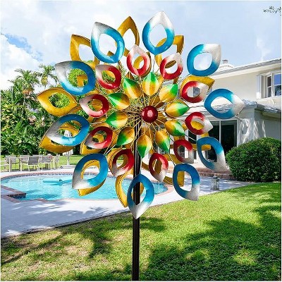Cyan Oasis Yard Garden Wind Spinners - Large Outdoor Wind Spinners with Metal Stake Multi (24" W x 84" H)