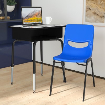 Emma and Oliver Desk/Chair Set with Metal Open Front Storage Box, Desktop, Metal Frame and Stackable Flex Comfort Classroom Chair