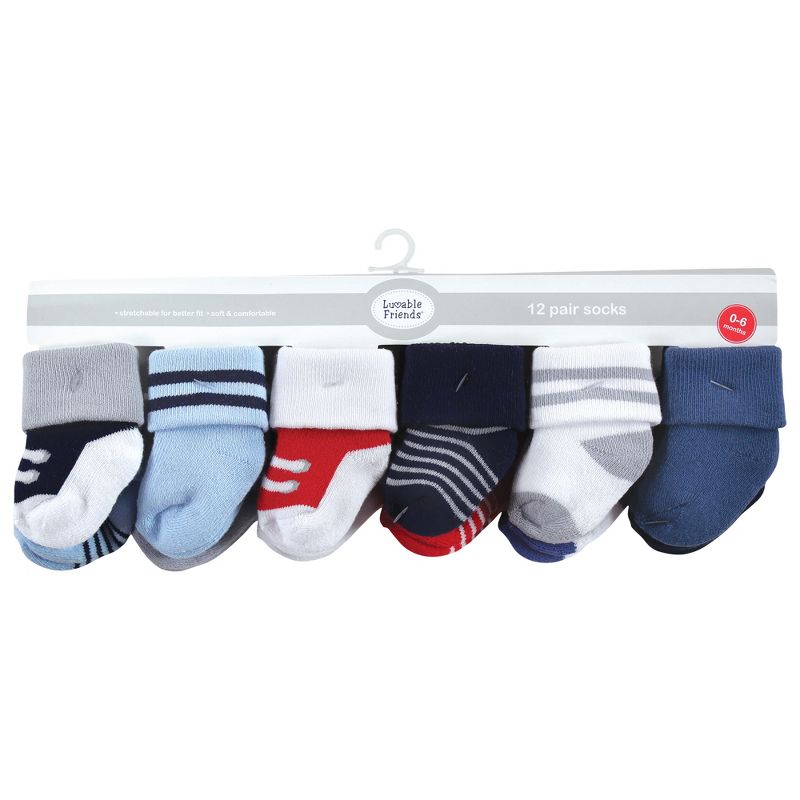 Luvable Friends Baby Boy Newborn and Baby Terry Socks, Red Navy Sneakers 12-Pack, 3 of 10