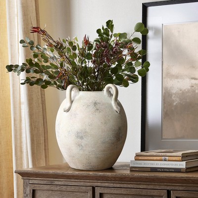 Handcrafted Gray and White Ceramic Vase with Handles