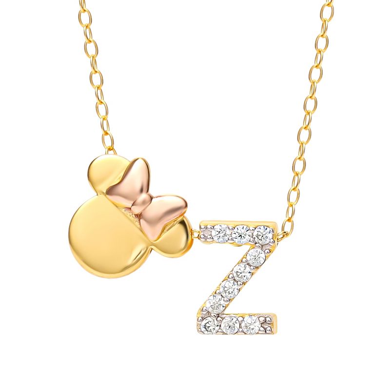 Disney Minnie Mouse Sterling Silver Gold Plated Cubic Zirconia Initial Pendant Necklace, 18", 1 of 6