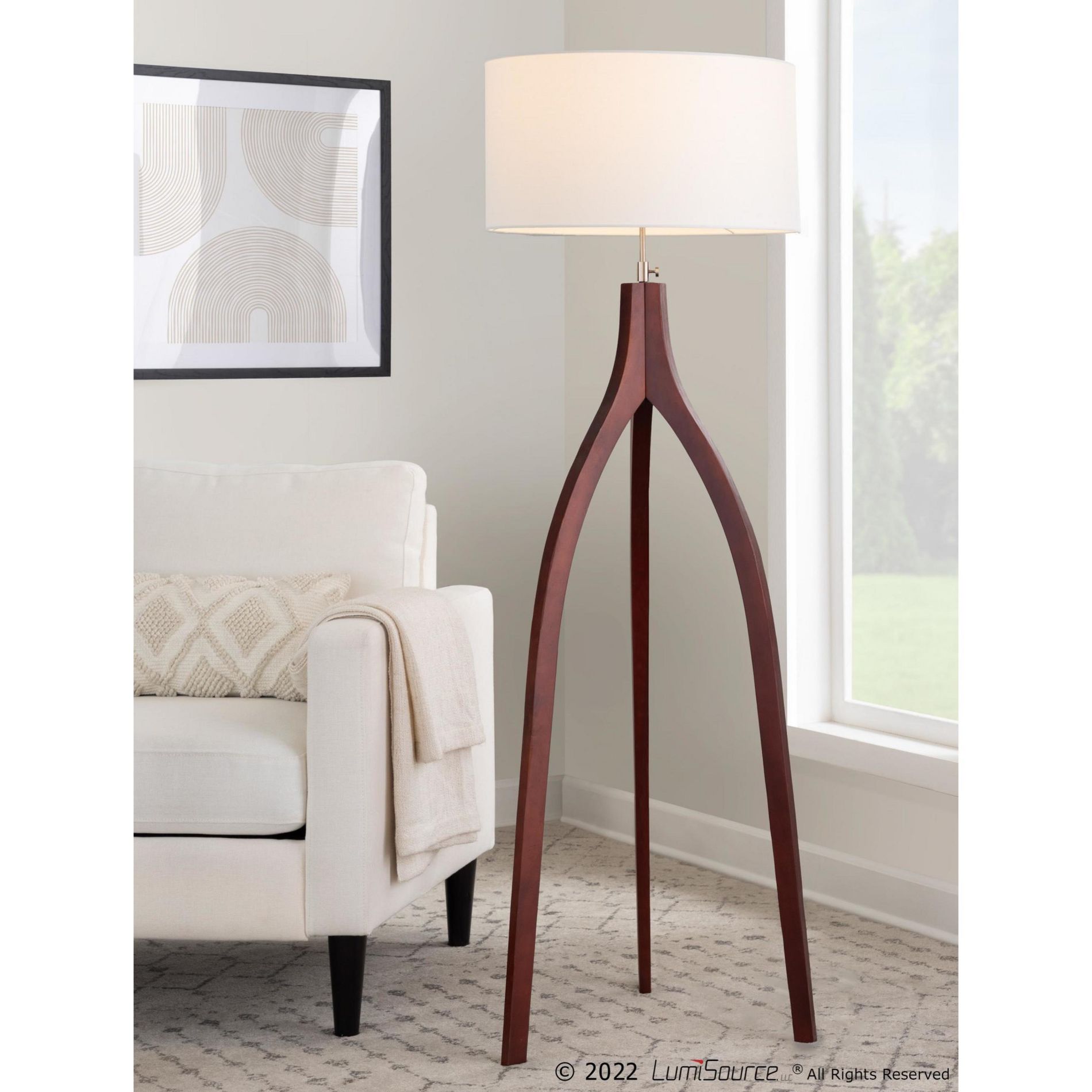 Adjustable Tripod Floor Lamp in Walnut Wood with White Fabric Shade for Living Room and Office