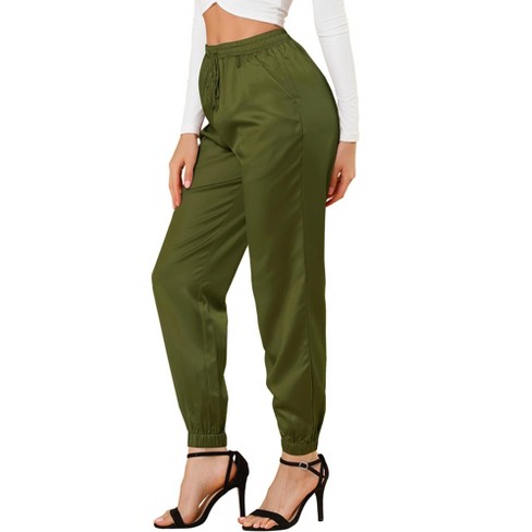 Allegra K Women's Drawstring Elastic Waist Ankle Length Satin Joggers with  Pocket Army Green Large