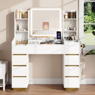 Large Makeup Vanity with Mirror, Lights & Charging Station, White and Gold