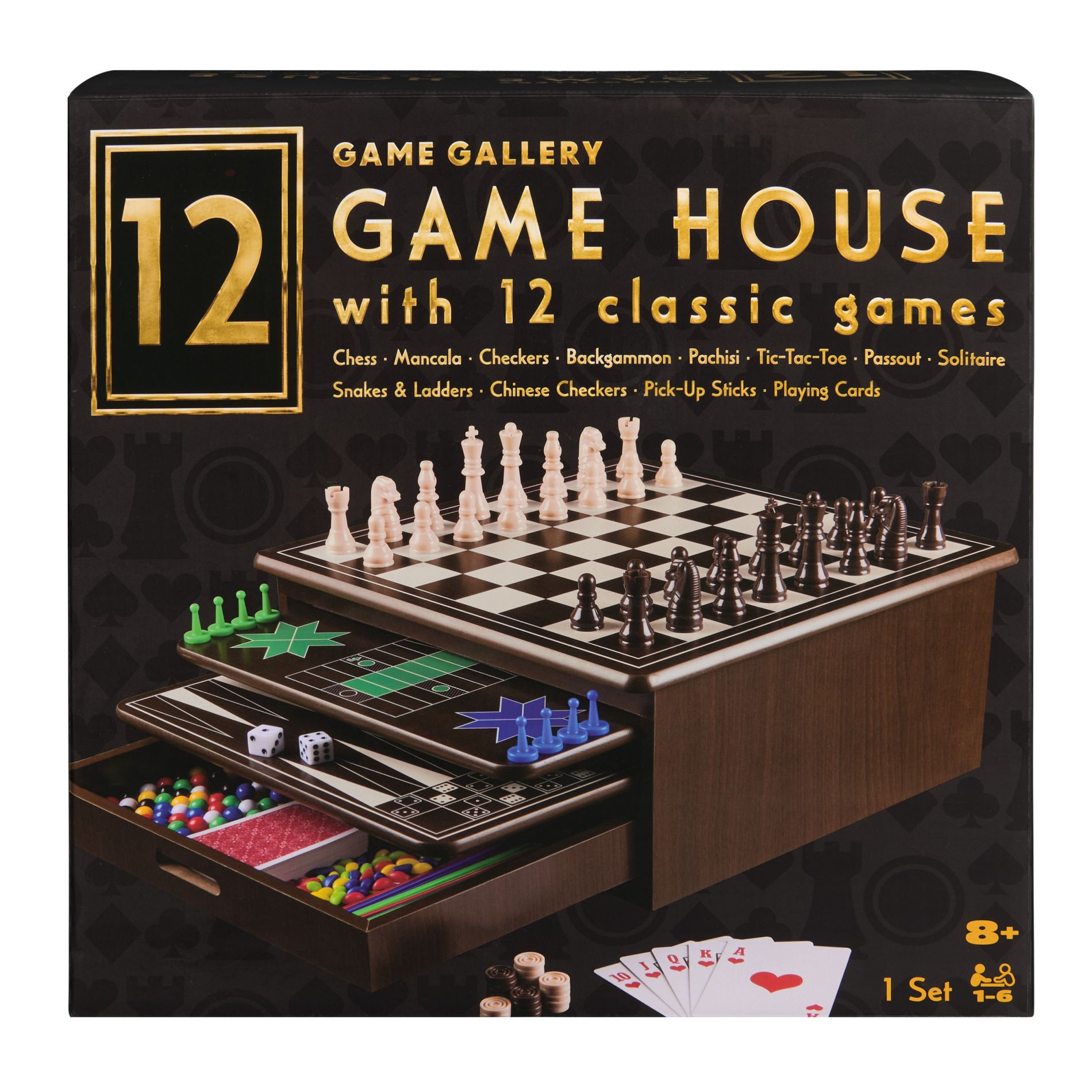 Game Gallery 12 Classic Games in Wooden Storage House, Styles May Vary