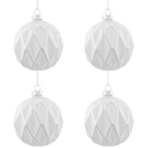 Northlight Embossed Diamond Christmas Glass Ball Ornaments - 4" (100mm) - White - 4ct - 1 of 4