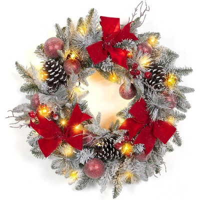 Christmas Wreath for Front Door, Pre-Lit Christmas Wreath, 24 In Xmas Door Wreath for Fireplace Wall Window, Indoor Outdoor Xmas Decor