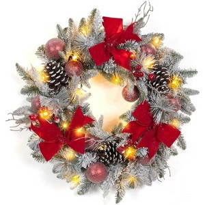 Christmas Wreath for Front Door, Pre-Lit Christmas Wreath, 24 In Xmas Door Wreath for Fireplace Wall Window, Indoor Outdoor Xmas Decor - 1 of 4