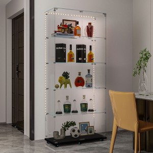 Racxily Tempered Glass Display Cabinet, Wine Cabinet, Storage Cabinet, File Cabinet with LED, Lock on Door, Tempered Glass Top, Casters at Bottom - 1 of 4