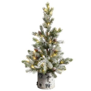 Nearly Natural 24-in Flocked Christmas Artificial Tree in Decorative Birch Bark Planter with 30 LED lights - 1 of 2