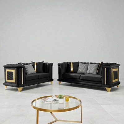 2PCS Velvet Luxury Sofa Set with Gold Stainless Steel Trims and Embroidered Texture, 89" 3-Seater & 69" Loveseat Tufted Couch for Living Room