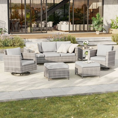 Sonkuki 6-Piece Patio Conversation Set with Swivel Rocking Chair and Side Table, Navy Blue Cushion