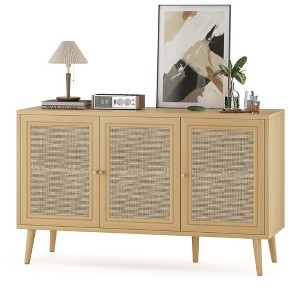 ChicFurnit Utility Storage Cabinets 3 Doors Rattan Storage Cabinet Floor Cabinet Accent Cabinet for Home Living, Beige, 52"*18"*6" - 1 of 4