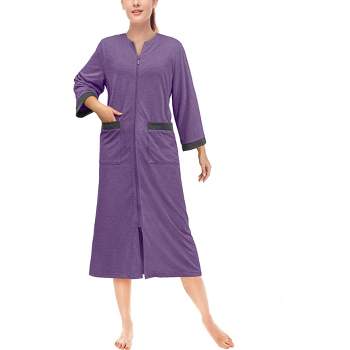 PAVILIA Women Zipper Robe, Loungewear Dress Lightweight Sleepwear Housecoat Nightgown Long Bathrobe, Jersey Robe with Pocket