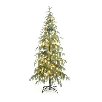 LuxenHome 6.5Ft Pre-Lit Slim Artificial Cedar Christmas Tree with Metal Stand Green