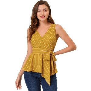 Allegra K Women's Sleeveless V Neck Tie Waist Asymmetric Hem Wrap Peplump Tops - 1 of 4