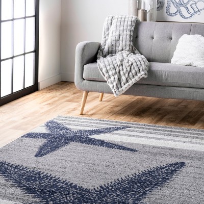 Coastal Charm Gray Stripe and Starfish 49" Wool-Blend Area Rug