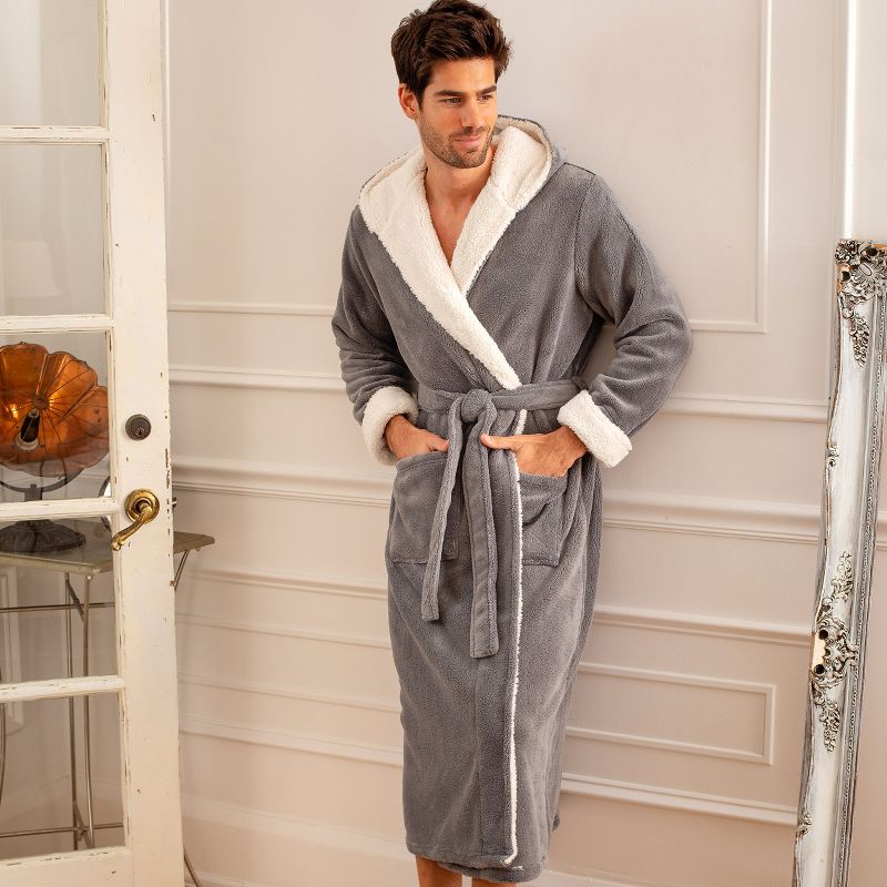 Men's Warm Winter Plush Hooded Bathrobe, Full Length Fleece Robe with Hood, 5 of 7