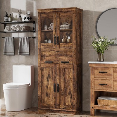 Acekool 67" Tall Storage Cabinet with Glass Doors, Drawer, Adjustable Shelves, Modern Organizer for Bathroom Living Room