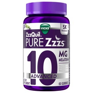 ZzzQuil PURE Zzzs, Advanced 10mg Melatonin Gummies, Sleep Aid, Berry Flavored, with Chamomile & Lavender, F, 60ct - 1 of 4