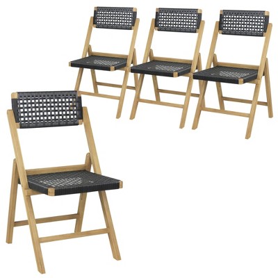Tangkula 4PCS Folding Chairs w/ Woven Rope Seat & High Back Indonesia Teak Patio