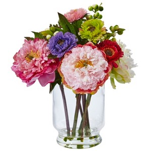 Nearly Natural Peony and Mum in Glass Vase - 1 of 3