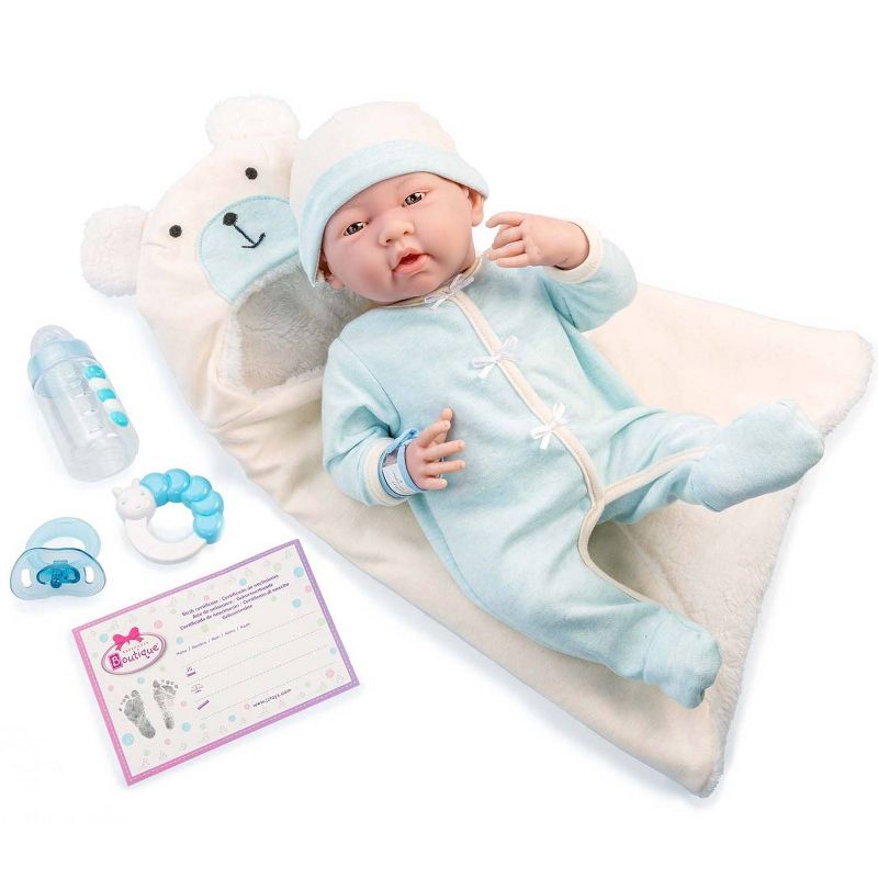 JC Toys Soft Body La Newborn 15.5&#34; baby doll - Blue Bear Bunting Gift Set, 1 of 8
