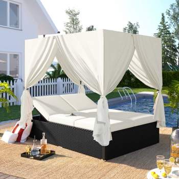PE Wicker Patio Sunbed with Canopy, Outdoor Daybed with Adjustable Seats - Maison Boucle
