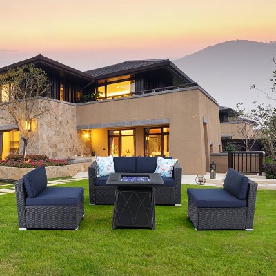 5pc Outdoor Conversation Set with Wicker Sofa & 28" Fire Pit Table - Captiva Designs