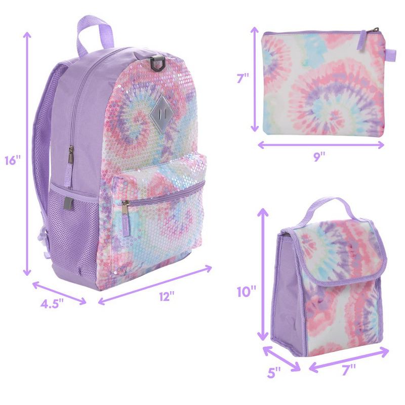 CLUB LIBBY LU Sequin Tie Dye Backpack Set for Girls, 16 inch, 6 Pieces - Includes Foldable Lunch Bag, Water Bottle, Scrunchie, & Pencil Case, 3 of 10
