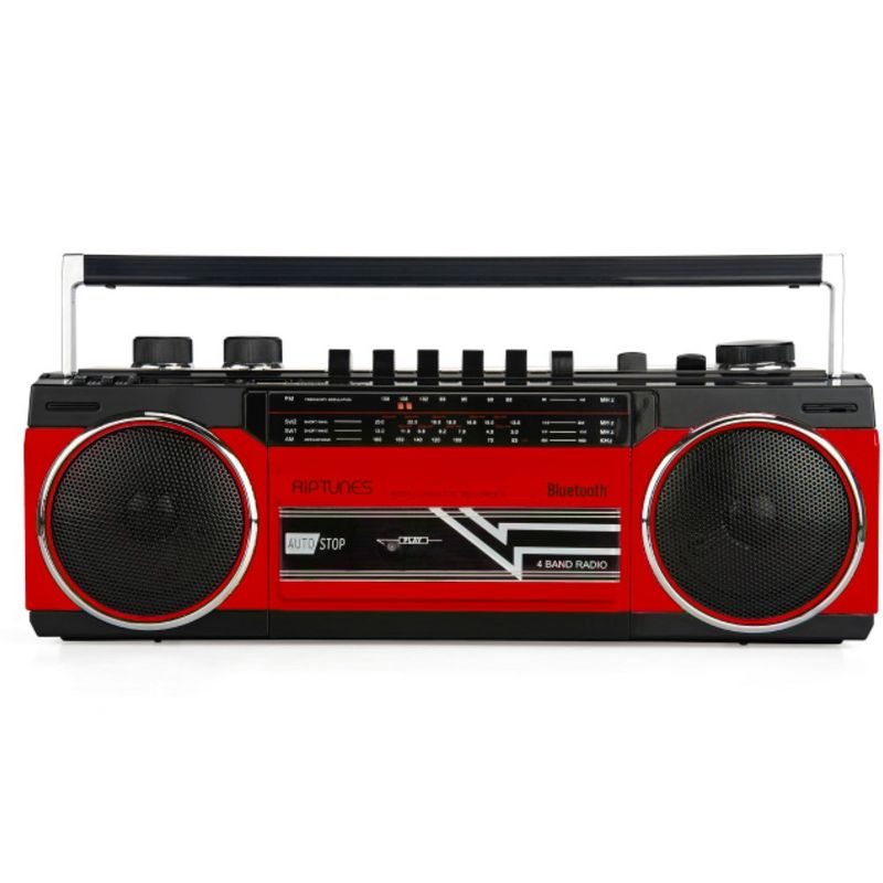 Riptunes Retro AM/FM/SW Radio + Cassette Boombox with Bluetooth and USB/SDHC Playback, RED, 1 of 4