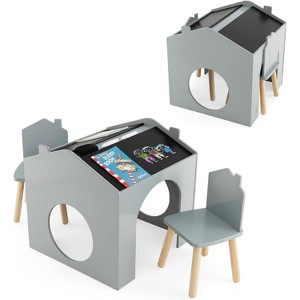Costway 3 Piece Kids Wooden Table and Chair Set with  Blackboard for Drawing Reading Green/Gray/White - 1 of 4