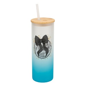 Elanze Designs 25 Ounce Frosted Glass Gradient Travel Tumbler With Straw and Wooden Lid, Volleyball With Black Bow Sky Blue - 1 of 1