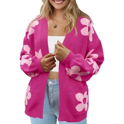 Womens Open Front Cardigan Christamas Cardigan White Valentine's Day Outfits Ribbed Cuff Sweater Cardigan with Pockets