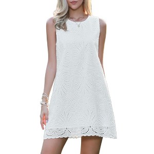 INSPIRE CHIC Women's Crew Neck Lace Eyelet Floral Sleeveless Summer Lined A-Line Mini Dresses - 1 of 4
