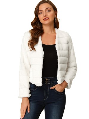 Allegra K Women's Winter Warm Cropped Collarless Faux Fur Fluffy Jacket