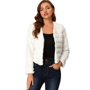 Allegra K Women's Winter Warm Cropped Collarless Faux Fur Fluffy Jacket - 1 of 4