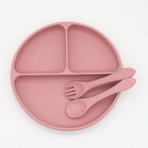 MyKids-USA Baby Silicone Round Sucker Compartment Dinner Plate With Spoon Fork Sets - 1 of 2