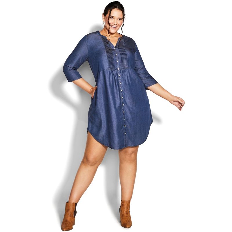 Women's Plus Size Mae Pintuck Shirtdress - indigo | AVENUE, 2 of 12