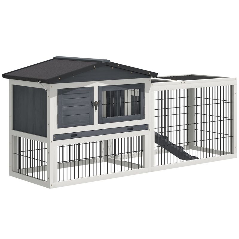 PawHut 2 Levels Wooden Rabbit Hutch Bunny Hutch House Guinea Pig Cage with Run Space, Removable Tray, Ramp and Waterproof Roof for Outdoor, 1 of 11