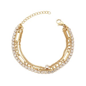 Adornia Tarnish Resistant 18k Gold Plated Layered Crystal Tennis 3-Chain Bracelet - 1 of 4