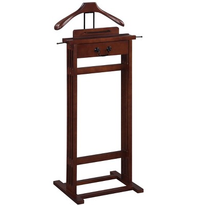 Proman Products Mission Wardrobe Wood Valet Stand with Drawer, Contour Hanger, Trouser Bar, Tie & Belt Hooks and Shoe Rack, Dark Walnut - VL16188